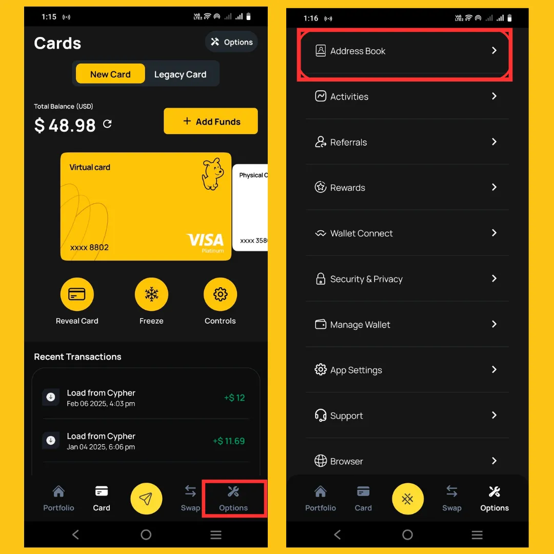 Address Book interface showing the linked wallet address for the Cypher card