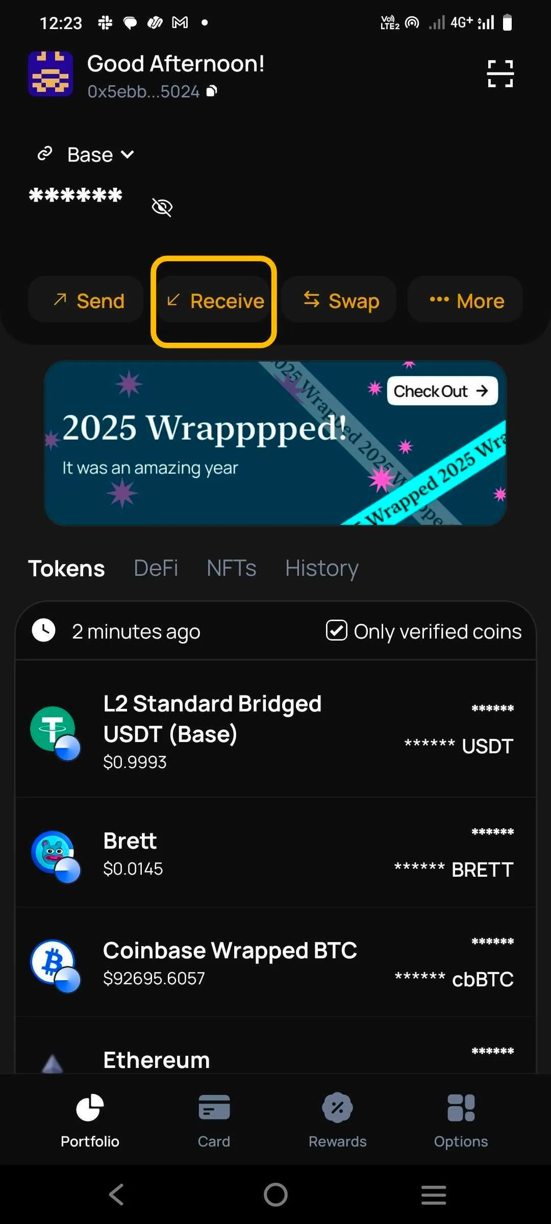 Cypher Portfolio page with the Receive button highlighted