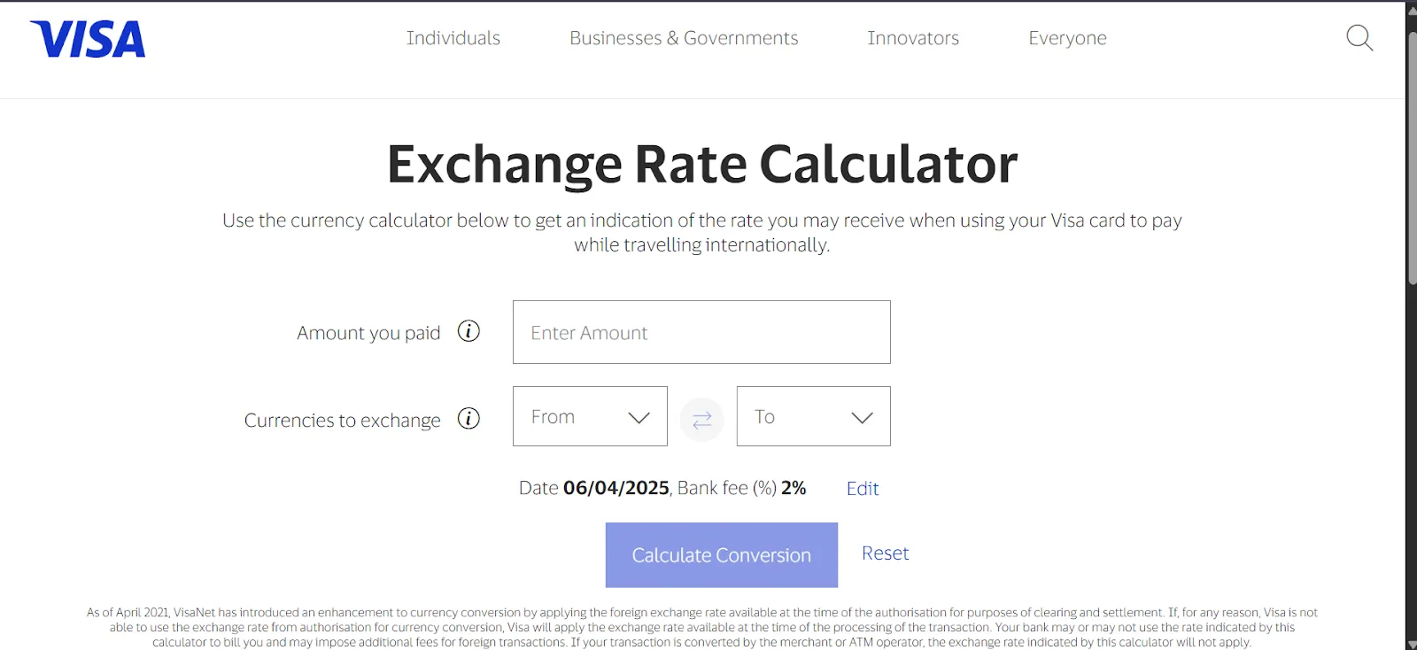 Visa Exchange Rate Calculator homepage