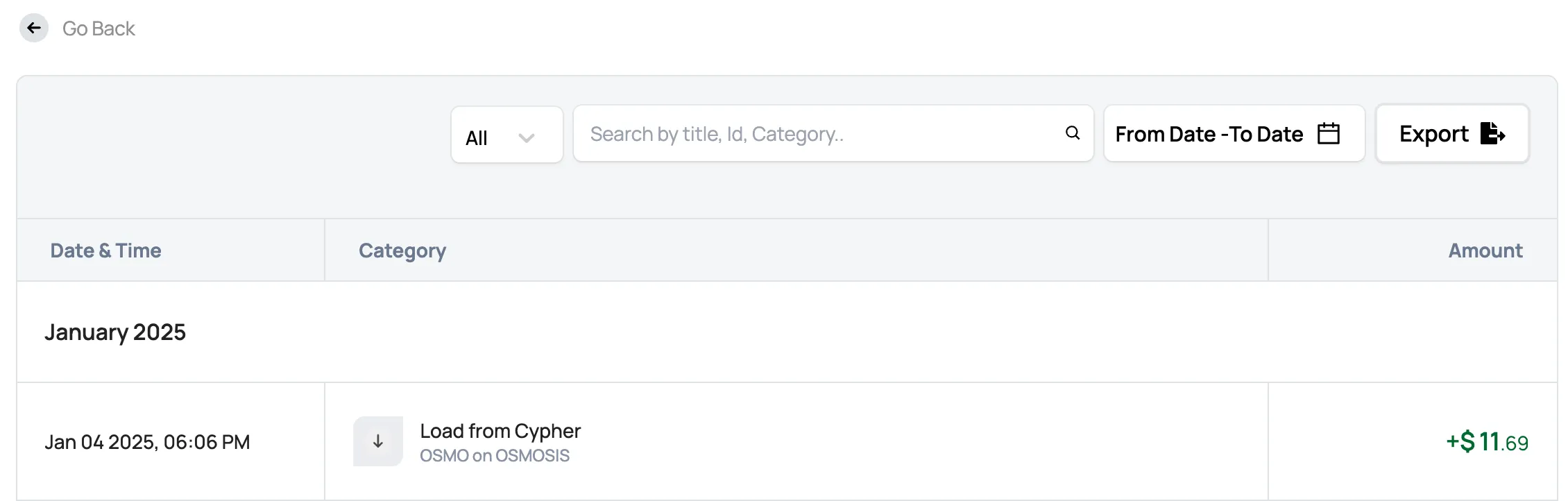 View All Transactions screen with the Export button located in the top right corner