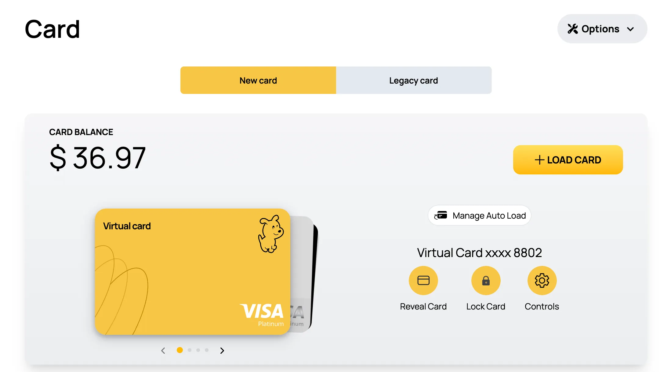 Card interface with the Reveal Card option highlighted below the virtual card image