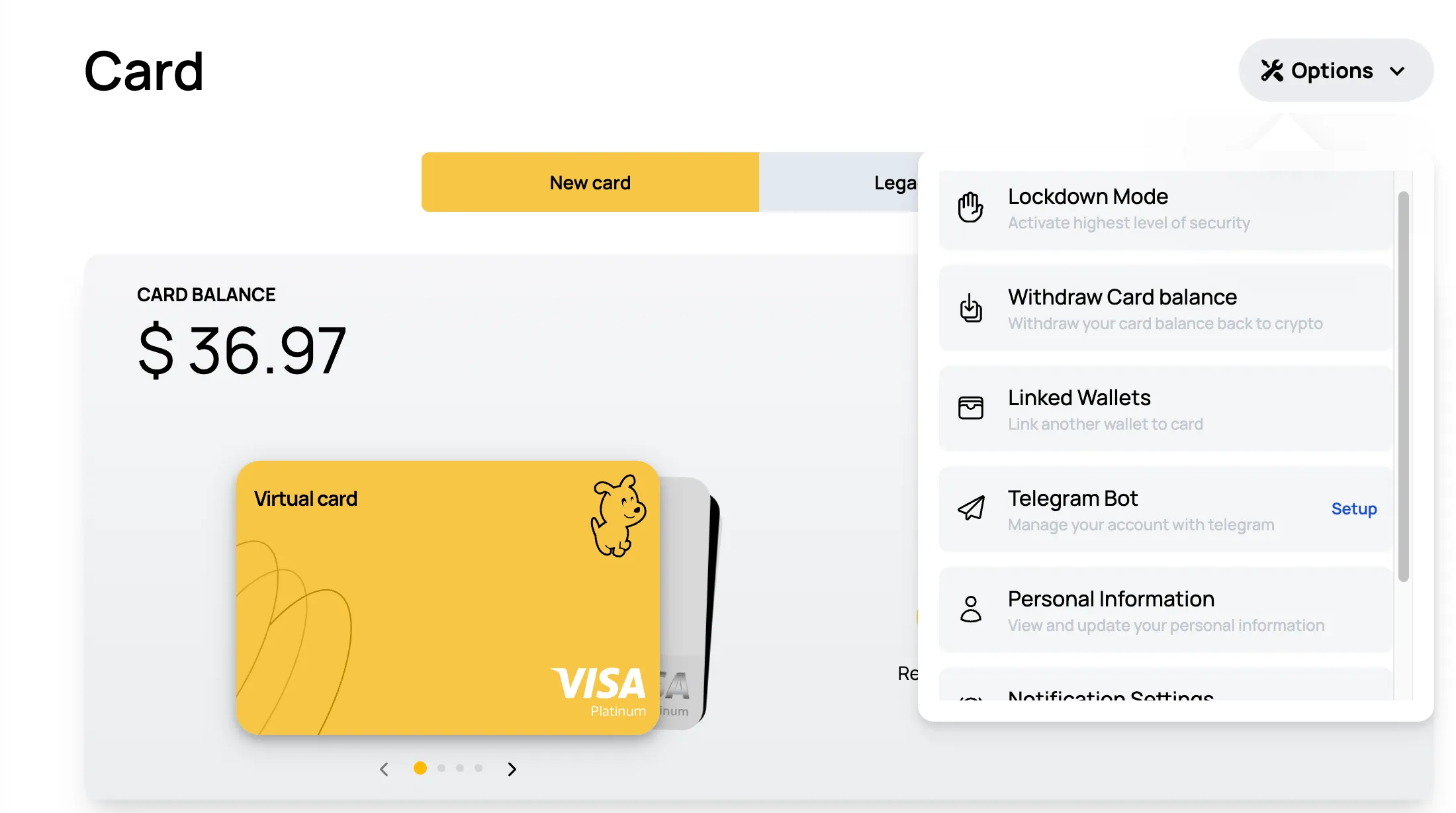 Options menu in the Cards section with Linked Wallets selected