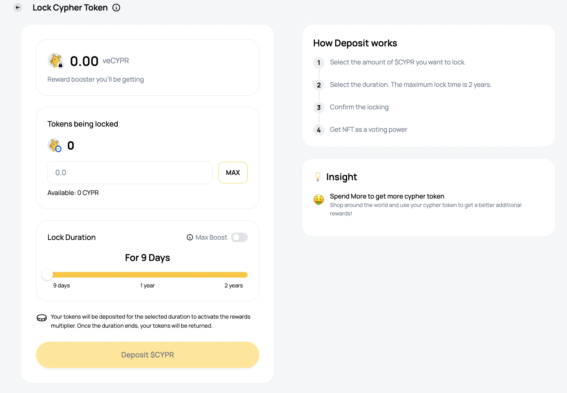 Cypher Locks interface showing options to select CYPR amount and lock duration