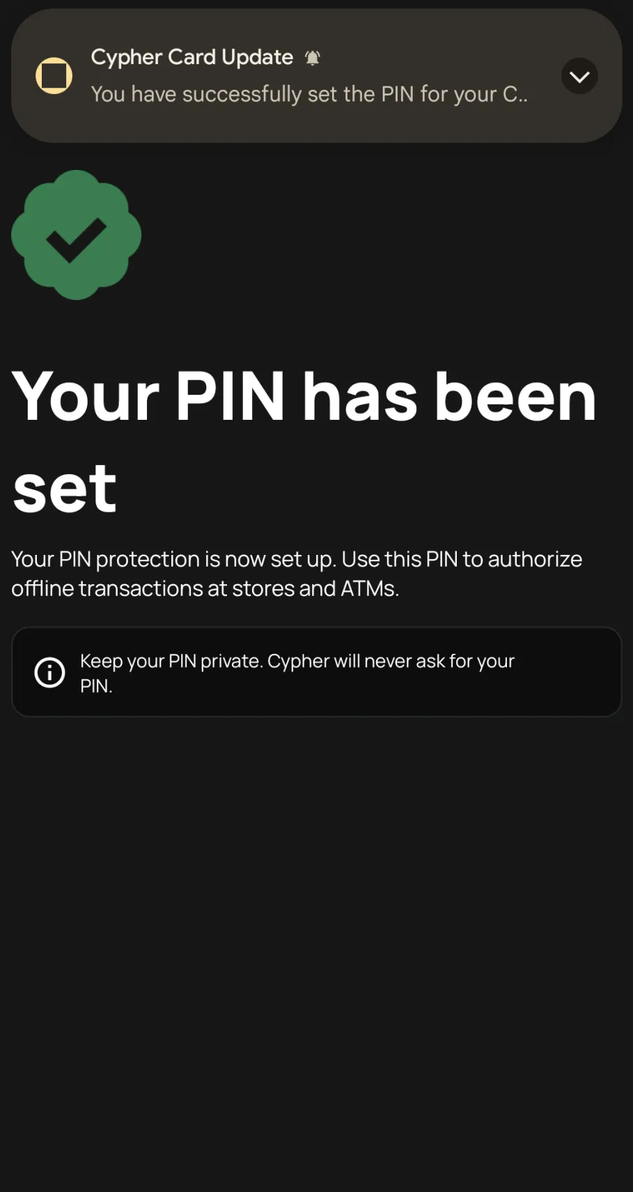 Confirmation screen indicating the card PIN has been successfully set