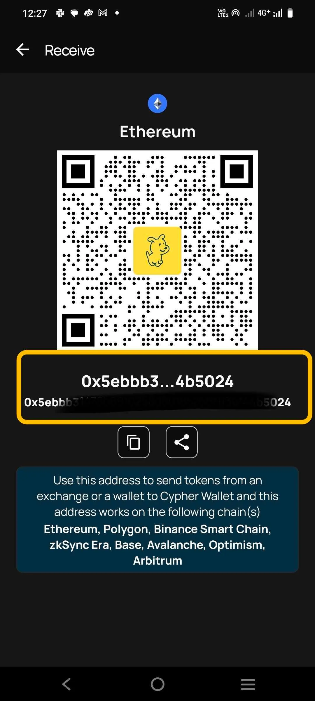 Cypher wallet address screen for the selected network with a copy button