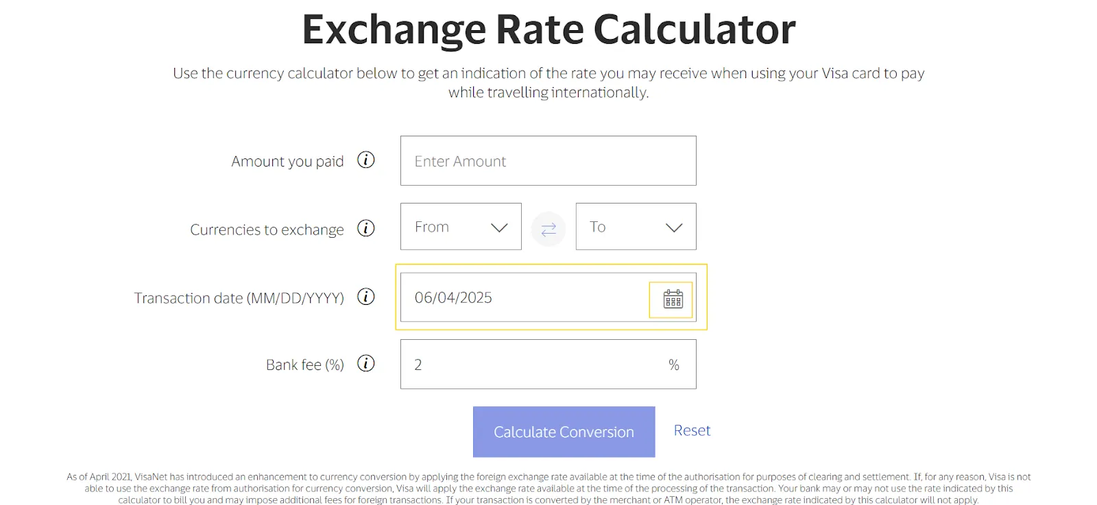 Date picker interface on the Visa Exchange Rate Calculator page