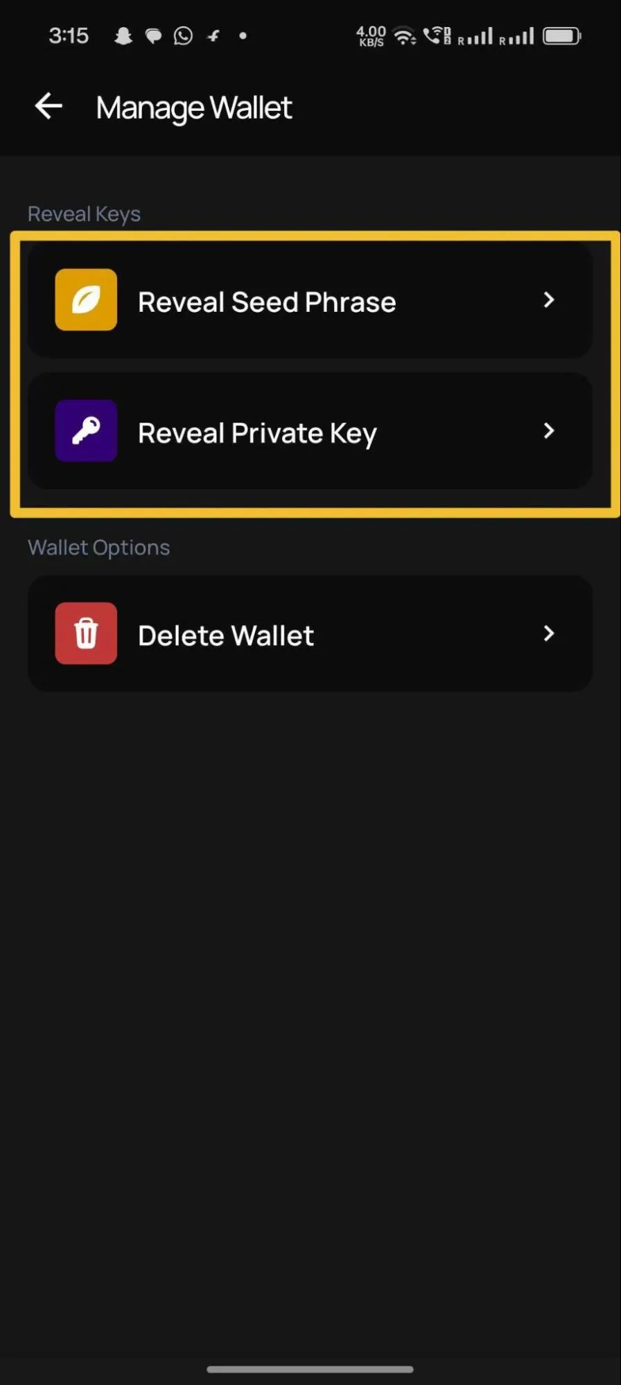Manage Wallet screen with the Reveal Seed Phrase and Reveal Private Key options highlighted