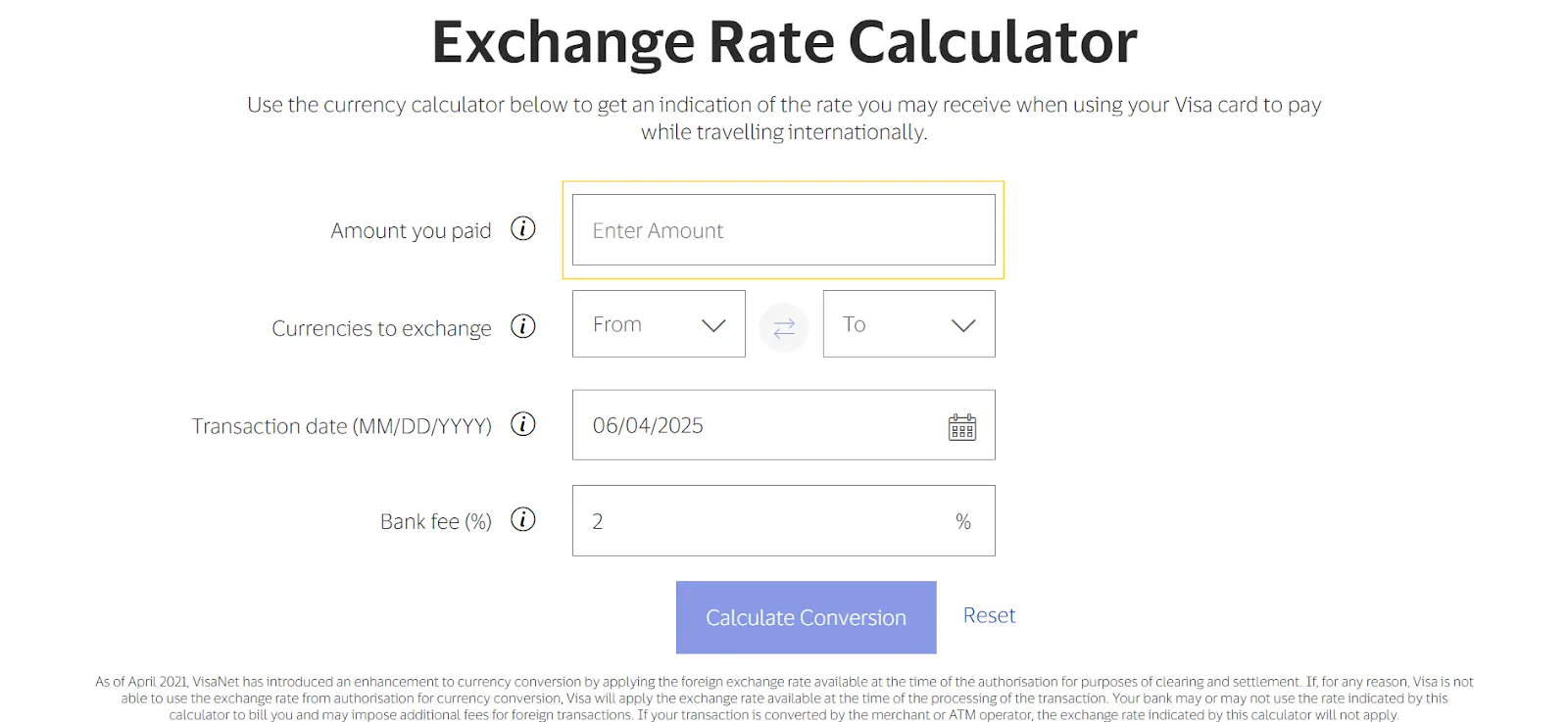 Amount and Currency input fields on the Visa Exchange Rate Calculator