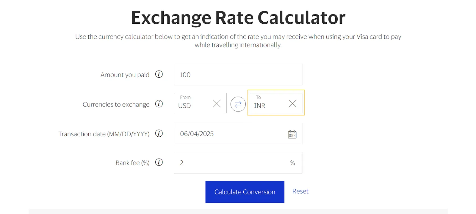 Selection of the card's issuing currency in the Visa calculator