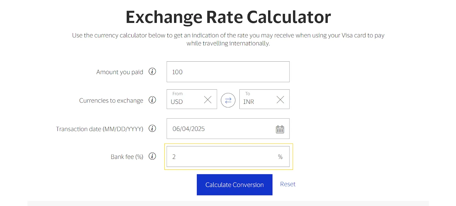 Bank Fee input field on the Visa Exchange Rate Calculator