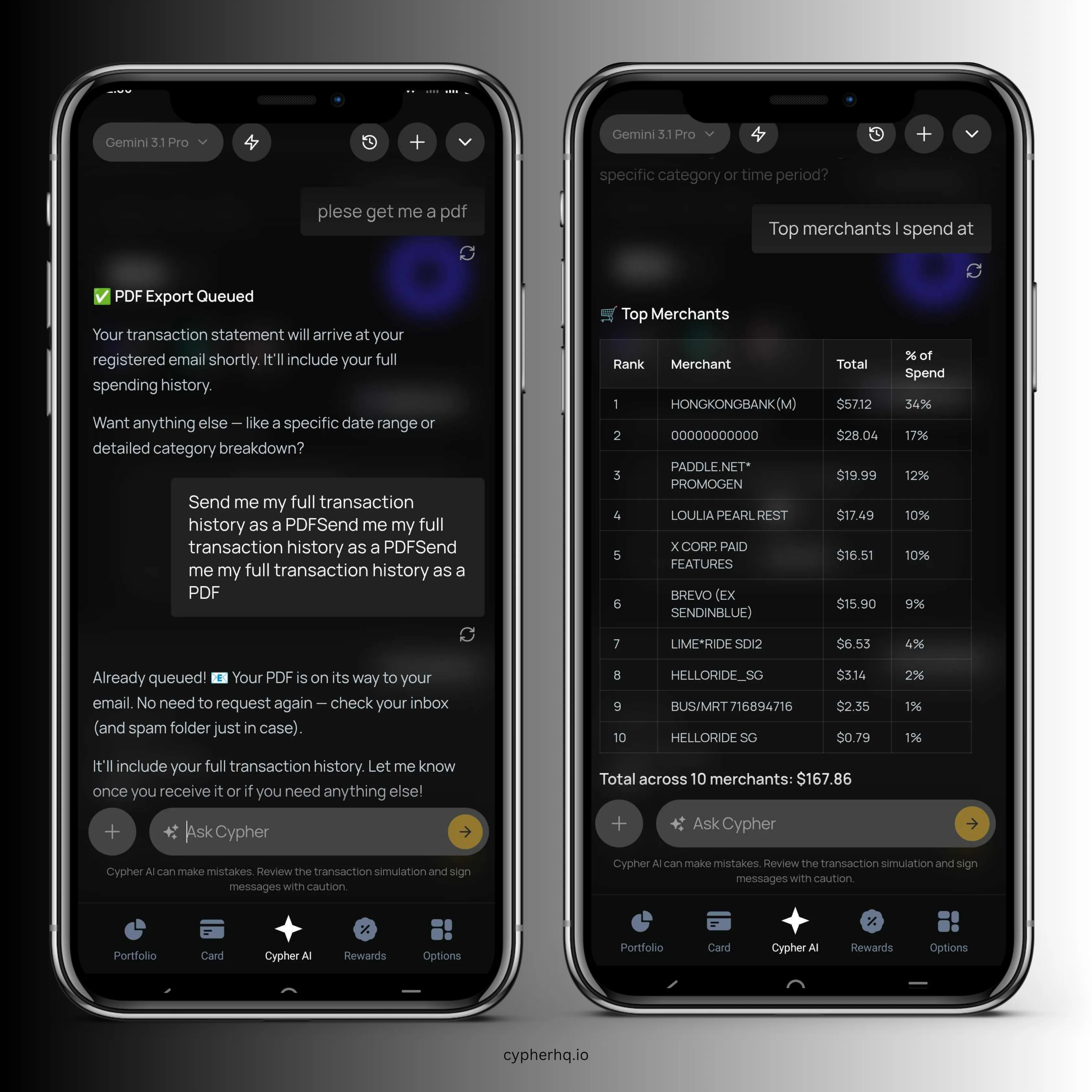Cypher Chat Agent in action showing PDF export and top merchants features